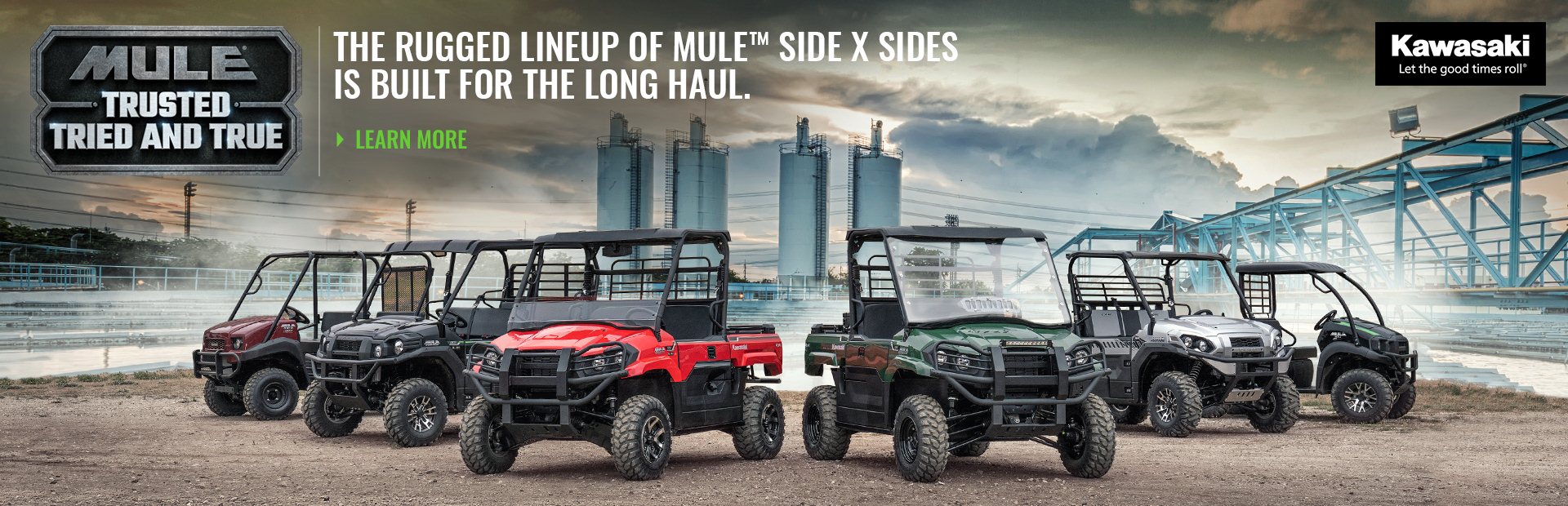 A fleet of Kawasaki UTVs.